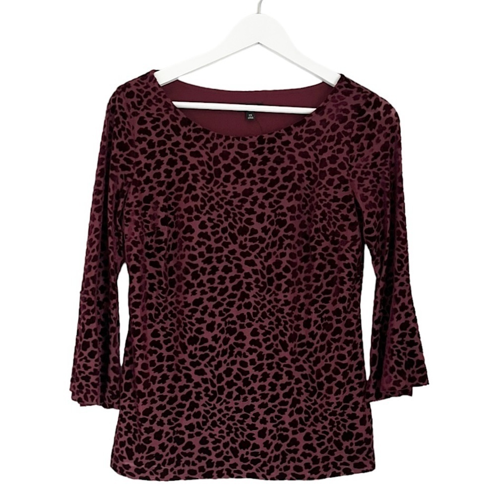NWT Talbots Boat Neck Bell Sleeve Animal Print Burnout Velvet Top Red Size XS